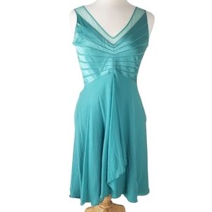 Adrianna Papell 100% Silk Sleeveless Teal Party Dress Size 8 Sheer Details